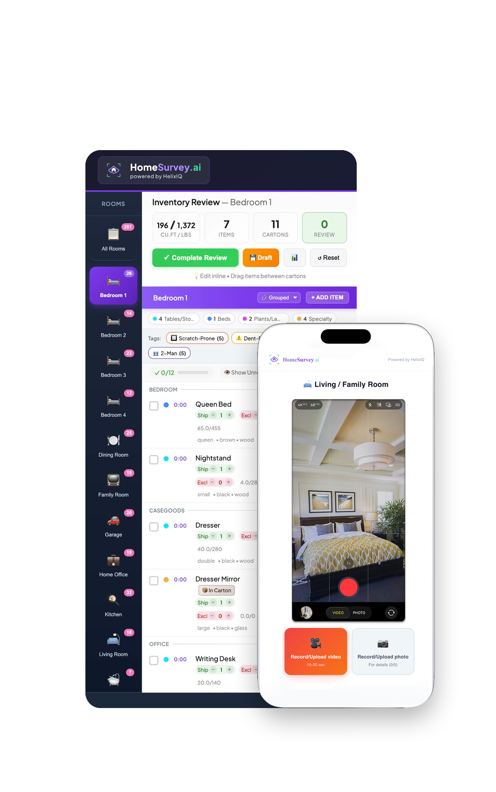 HomeSurvey.ai mobile app screens showing room selection and survey capture.